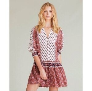 Veronica Beard Jesila Cotton Patchwork Boho Cottage Mini Dress Women's XS PINK